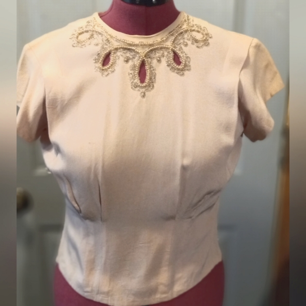 Vintage size small beaded Keyhole neckline top